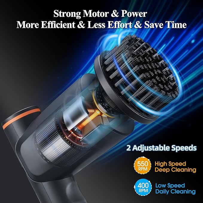 Electric Spin Scrubber, Cordless Bathroom Shower Scrubber with LCD Display & 2 Speeds, IPX7 Waterproof Cleaning Brush, 6 Replaceable Heads, 4-Hour Runtime for Kitchen Tile Bathtub Car, Gray-Black