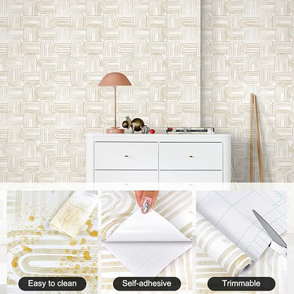 Modern Peel and Stick Wallpaper Beige Wallpaper 17.3" x 120" Boho Abstract Geometric Contact Paper Waterproof Wall Paper for Bedroom Cabinets Furniture Vinyl