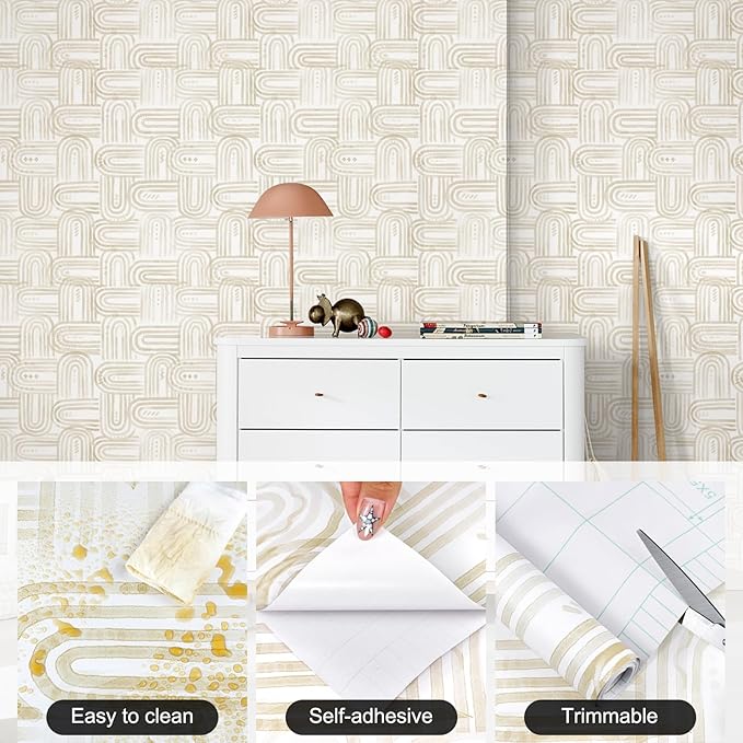 Modern Peel and Stick Wallpaper Beige Wallpaper 17.3" x 1200" Boho Abstract Geometric Contact Paper Waterproof Wall Paper for Bedroom Cabinets Furniture Vinyl