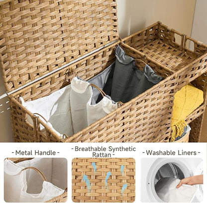 Laundry Hamper with Wheels, 42.3 Gal.(160 L) Laundry Sorter with Shelves, Rattan Clothes Hamper with 4 Removable Liners & 3 Mesh Bags, Handwoven Organizer for bedroom, bathroom, laundry room, Natural
