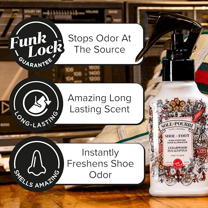 Sole-Pourri Shoe Deodorizer + Foot Spray, 3.4 Fl Oz, Up to 150 Uses, Funk-Fighting Odor Freshener with Essential Oils, for Smelly Shoes, Feet & Gym Bags, Cedarwood & Eucalyptus Scent