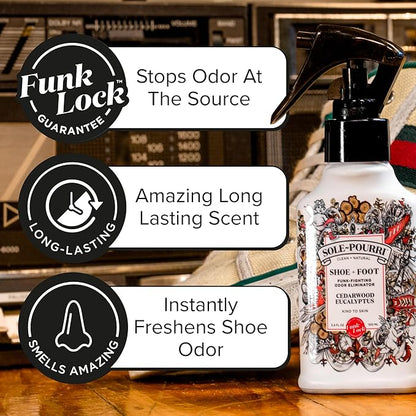 Sole-Pourri Shoe Deodorizer + Foot Spray, 3.4 Fl Oz, Up to 150 Uses, Funk-Fighting Odor Freshener with Essential Oils, for Smelly Shoes, Feet & Gym Bags, Cedarwood & Eucalyptus Scent