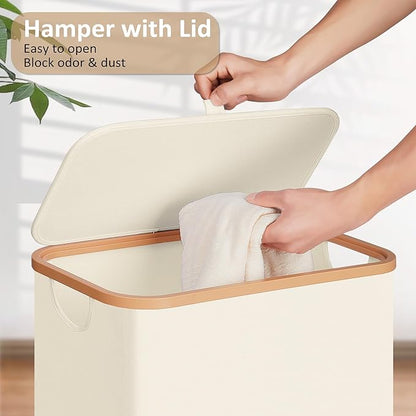 Slim Laundry Basket with Lid, Narrow Dirty Clothes Hampers for Laundry with Handle, Skinny Laundry Bin for Laundry Room, Dorm, Bedroom and Bathroom, 19.8 Gallon (75L) Beige
