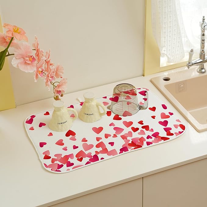 Valentine's Dish Drying Mat 18x24 Inches For Kitchen Counter Absorbent Pink Red Love Heart Kitchen Decoration Mother's Day Anniversary Wedding Drying Mat Pad For Home Kitchen,Dining Room,Office
