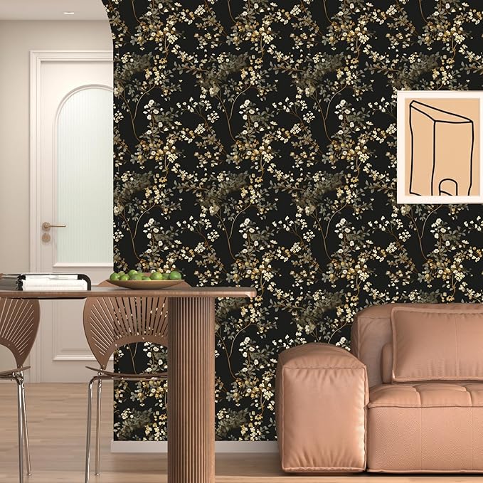 Fvlow Vintage Black Floral Peel and Stick Wallpaper 17.4" x 197", Dark Moody Leaves Pattern Contact Paper Waterproof Vinyl Chinoiserie Wall Covering for Bathroom Cabinets, Retro Art Decor Dark Gold