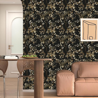 Fvlow Vintage Black Floral Peel and Stick Wallpaper 17.4" x 197", Dark Moody Leaves Pattern Contact Paper Waterproof Vinyl Chinoiserie Wall Covering for Bathroom Cabinets, Retro Art Decor Dark Gold