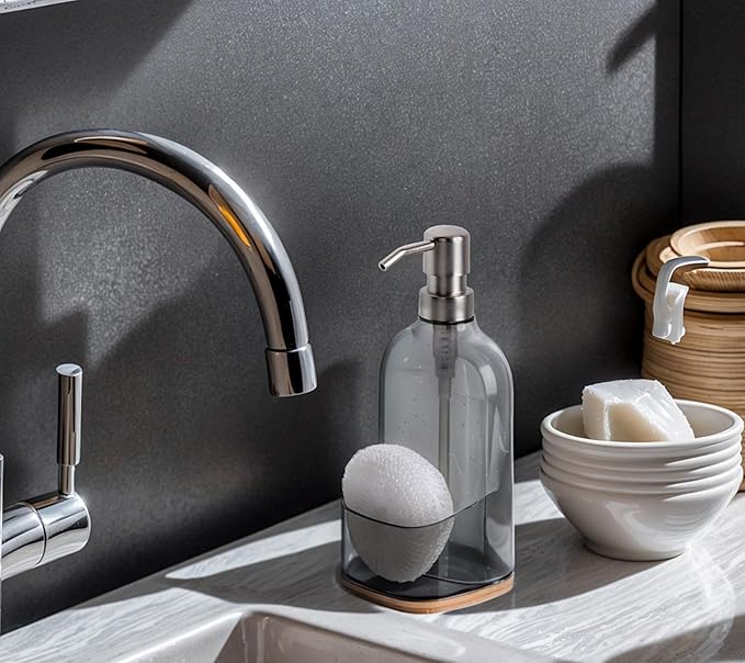 Kitchen Soap Dispenser with Sponge Holder, Refillable Acrylic Dish Soap Dispenser 17oz for Kitchen Sink and Bathroom, Anti Slip, Countertop Home Decor (Grey)