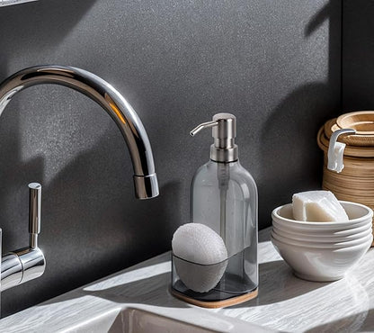 Kitchen Soap Dispenser with Sponge Holder, Refillable Acrylic Dish Soap Dispenser 17oz for Kitchen Sink and Bathroom, Anti Slip, Countertop Home Decor (Grey)