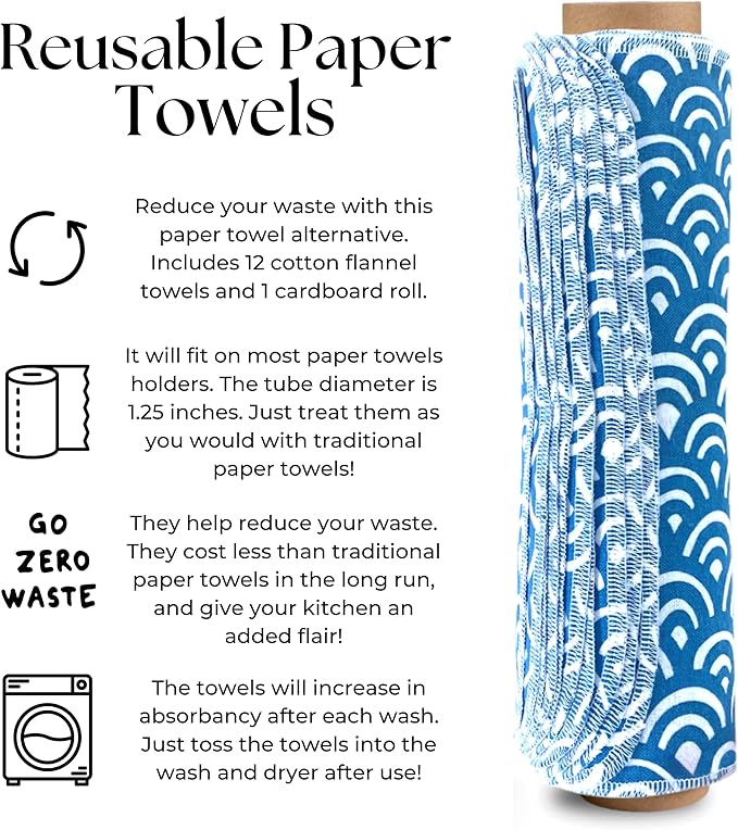 The Useless Brand Reusable Paper Towels Roll | 12 Eco Friendly Washable Cotton Flannel Towels w/Cardboard Roll | Zero Waste & Sustainable | Fits on Most Holders (Waves, 12 Pack)