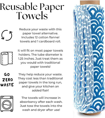 The Useless Brand Reusable Paper Towels Roll | 12 Eco Friendly Washable Cotton Flannel Towels w/Cardboard Roll | Zero Waste & Sustainable | Fits on Most Holders (Waves, 12 Pack)