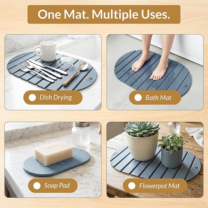 Stone Dish Drying Mat for Kitchen Counter, Quick Dry Diatomaceous Earth Drying Mat, Foldable Absorbent Stone Drying Pad, 2 PCS 24" × 16" & 8" × 4" for Dishes, Cups, Bottles & Utensils (Dark Gray)