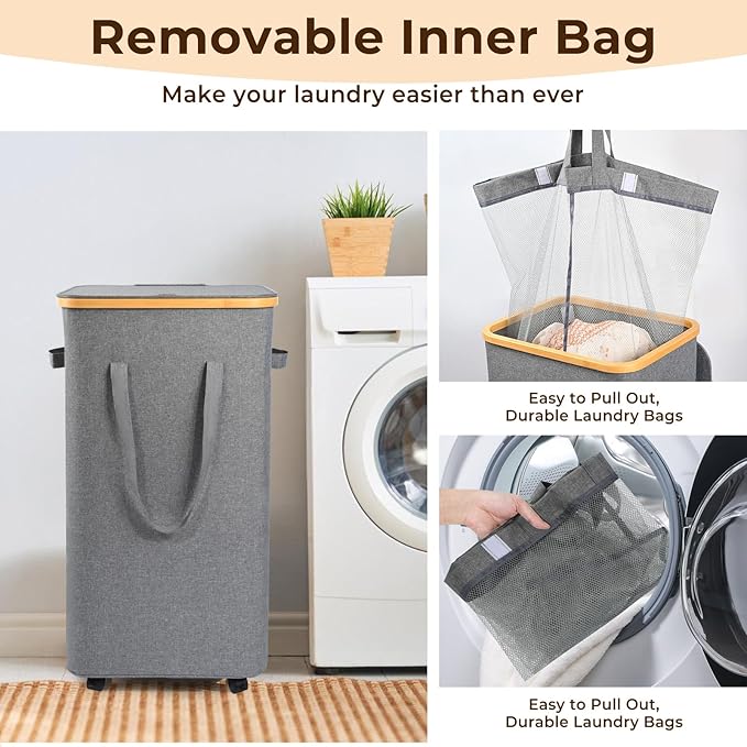 Large Laundry Hamper, 100L Laundry Basket with Handle and Removable Bag - Collapsible Clothes Basket Organizer for Laundry Room, Bedroom, Bathroom & Dorm - Grey