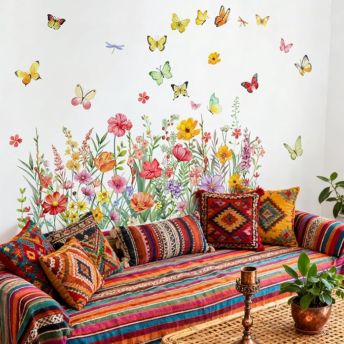 Wildflower Butterfly Wall Stickers Colorful Floral Garden Decals Watercolor Peel and Stick Decor for Kids Room Bedroom Home Decoration