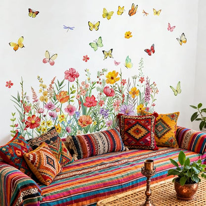 Wildflower Butterfly Wall Stickers Colorful Floral Garden Decals Watercolor Peel and Stick Decor for Kids Room Bedroom Home Decoration