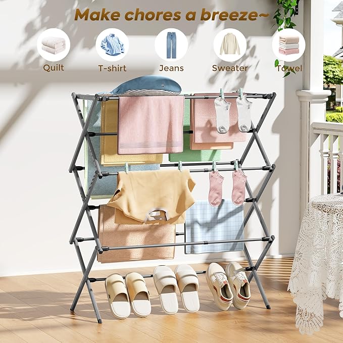 KINGBOARD Clothes Drying Rack, Collapsible Drying Rack Clothing with 11 Poles, 3-Tier Laundry Drying Rack, Small Clothes Drying Rack Foldable for Baby Clothes Sock Towel, 25lb Capacity, White & Grey