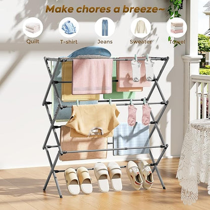 KINGBOARD Clothes Drying Rack, Collapsible Drying Rack Clothing with 11 Poles, 3-Tier Laundry Drying Rack, Small Clothes Drying Rack Foldable for Baby Clothes Sock Towel, 25lb Capacity, White & Grey