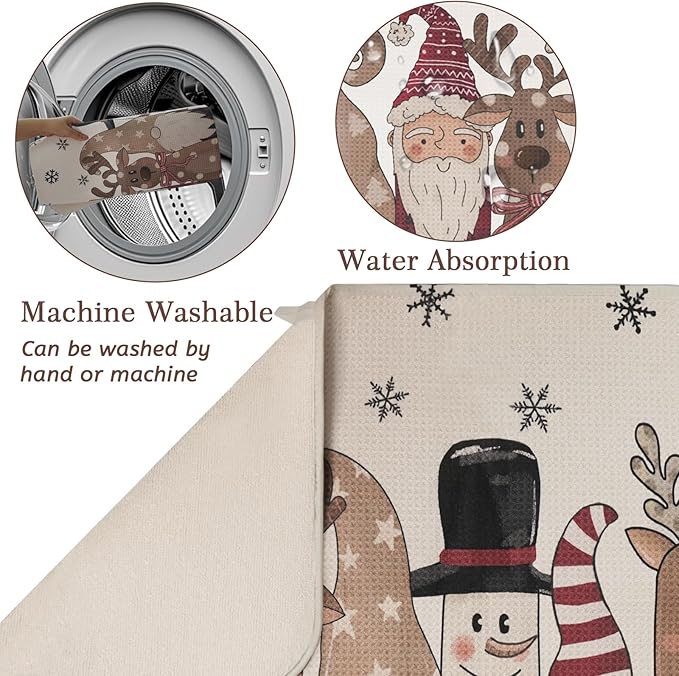 Christmas Dish Drying Mat, Ultra Absorbent Microfiber Dish Drainer Mat Christmas Snowman Reindeer Drying Mats for Kitchen Counter, Coffee Maker, Tableware Decor, 18 x 24 Inch