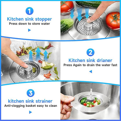 ULIOLI 3 in 1 Kitchen Sink Drain Strainer Sink Stopper, Stainless Steel Sink Drain Strainer with Anti-Clogging Basket, Kitchen Sink Drain Filter Plug for US Standard 3-1/2 Inch Drain (1Pack)