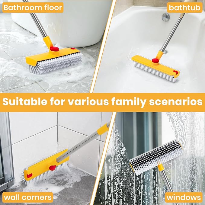 64in Floor Scrub Brush with Long Handle,3 in 1 Hard Bristle Cleaning Brush with Scraper and Tweezers for Household Cleaning, Bathroom, Swimming Pool, Garage, Windows, Walls, and Terrace Decks