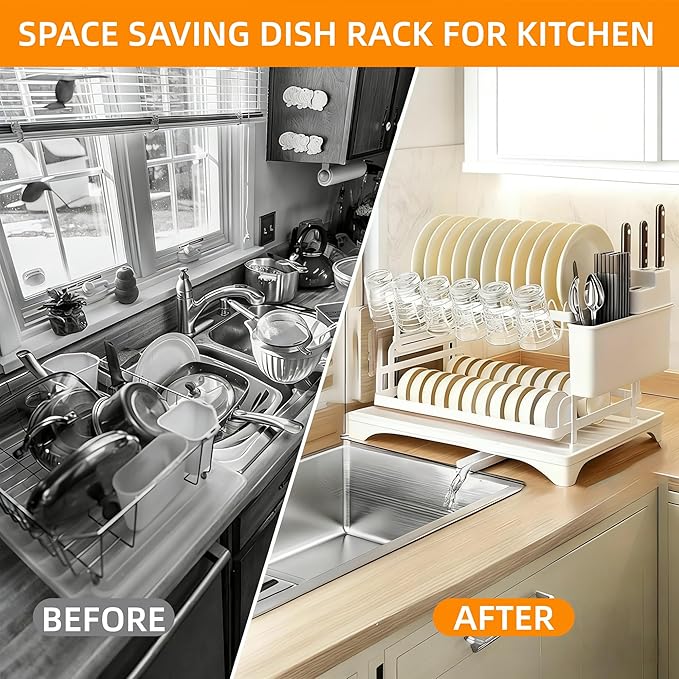 2 Tier Dish Drainers Drying Rack for Kitchen Counter Dishes Drain with Drainboard, Space Saving, Countertop Dryer Strainer Holder and Extra Tray, White