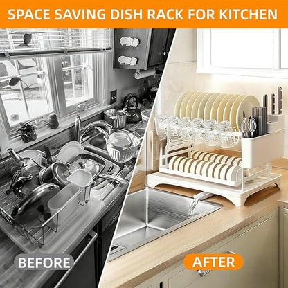 2 Tier Dish Drainers Drying Rack for Kitchen Counter Dishes Drain with Drainboard, Space Saving, Countertop Dryer Strainer Holder and Extra Tray, White