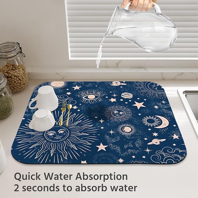 Dish Drying Mat for Kitchen Counter 18x24 Inch, Super Absorbent Dish Drainer Mat, Decorative Microfiber Dishes Drying Pad-Large(Navy Blue Moon)