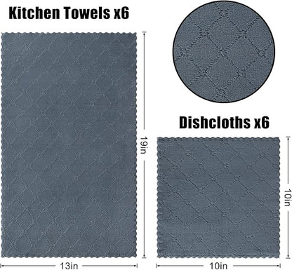 Homaxy Kitchen Towels and Dishcloths Set, 10 x 10 and 13 x 19 Inches, Set of 12 Super Soft and Absorbent Coral Velvet Kitchen Towels, No Lint and Nonstick Oil Fast Drying Dish Towel, Dark Grey