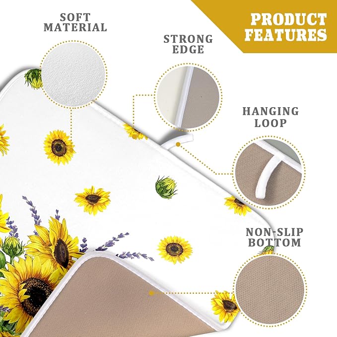 Sunflower Dish Drying Mat for Kitchen Counter 18x16 Inch Floral Lavender Drying Mat with Absorbent Reversible Microfiber Season Spring Summer Dish Drainer Mats Rack Pad for Coffee Countertop Protector