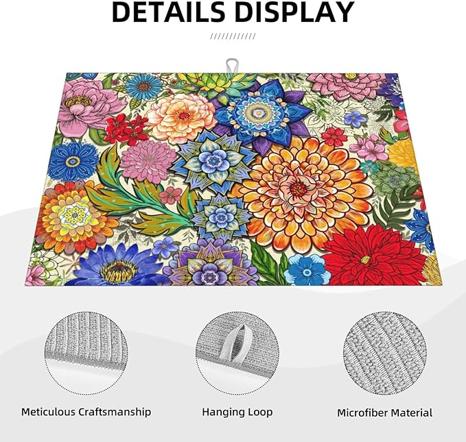 Boho Floral Dish Drying Mats for Kitchen Counter 18" x 24", Absorbent Microfiber Colorful Drying Pad for Dishes, Washable Foldable Reversible Decorative Kitchen Mat for Dining Area Sink, Home Decor