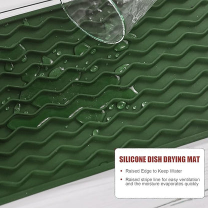 Silicone Dish Drying Mat for Multiple Usage, Easy clean, Eco-friendly, Heat-resistant Dish Drainer Mat for Kitchen Counter,Sink,Refrigerator or Drawer liner (12" x 6", Dark Green)