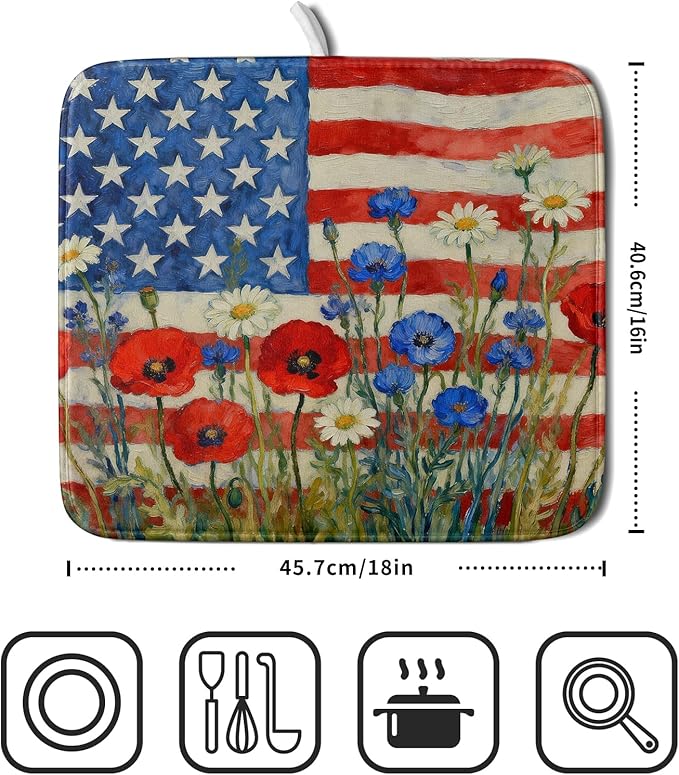 Patriotic American Flag Dish Drying Mat for Kitchen Counter 16x18 4th of July Red Blue White Floral Rustic Absorbent Reversible Microfiber Drying Mats Kitchen Countertop Protector Dishes Drainer Pad