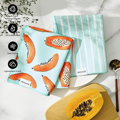 RECYCO Waffle Kitchen Towel Set of 2 - Quick Dry Microfiber Sustainable Dish Towels - Ultra Absorbent Reusable Cleaning Tea Towels - Lightweight Hand Towels,16”x 28”, Papaya Joy