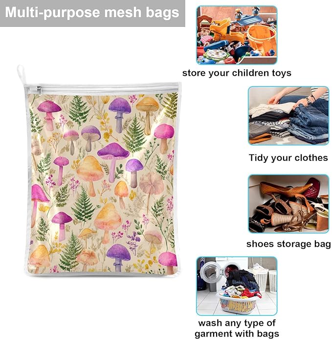 Mesh Laundry Bags Lingerie Bags for Washing Delicates 2 PCS Durable Wash Bag with Zipper Small and Medium Washable Mushroom Colorful Pattern