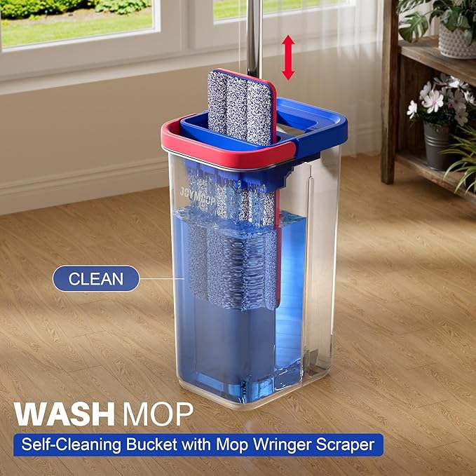 JOYMOOP Microfiber Flat Mop and Bucket System, Mops for Floor Cleaning and Wall Cleaner, Hardwood, Tile, Laminate, Vinyl Floors, Smooth Walls, and Glass Windows - 60" Flat Mop+3 Microfiber Pads[Black]