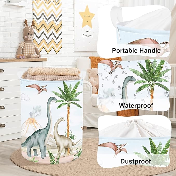 Clastyle Large Dinosaur Kid Storage Basket Baby Laundry Hamper Palm Tree Boy Gift Toy Box Collapsible Clothes Organizer Nursery Bin for Bedroom, Volcano, 36 * 45 cm