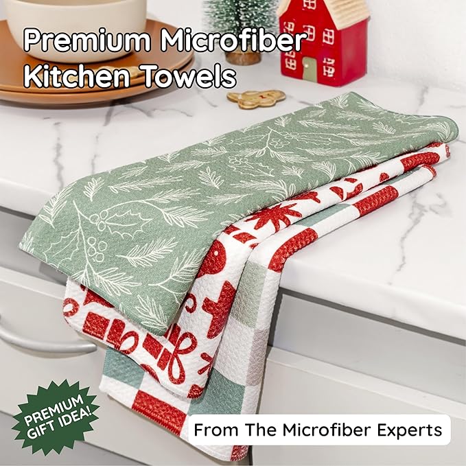 Christmas Kitchen Towels Set of 3 Minty Xmas – Microfiber Waffle Weave Dish Towels 16x24, Super Absorbent & Lint-Free Holiday Kitchen Towels for Drying, Cleaning & Christmas Décor