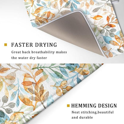 Fall Eucalyptus Leaf Dish Drying Mat 18 x 24 Inch With Absorbent Reversible Microfiber Orange Blue Leaves Autumn Drying Mats Thanksgiving Dish Drainer Mat Fast Dry For Kitchen Dining Room Decoration