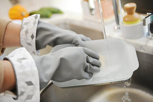 Full Circle Splash Patrol - Natural Latex Cleaning Dish Gloves, Stay-Dry Cotton Cuffs, Durable with Protective Lining, Small/Medium, (1 Pair) Grey