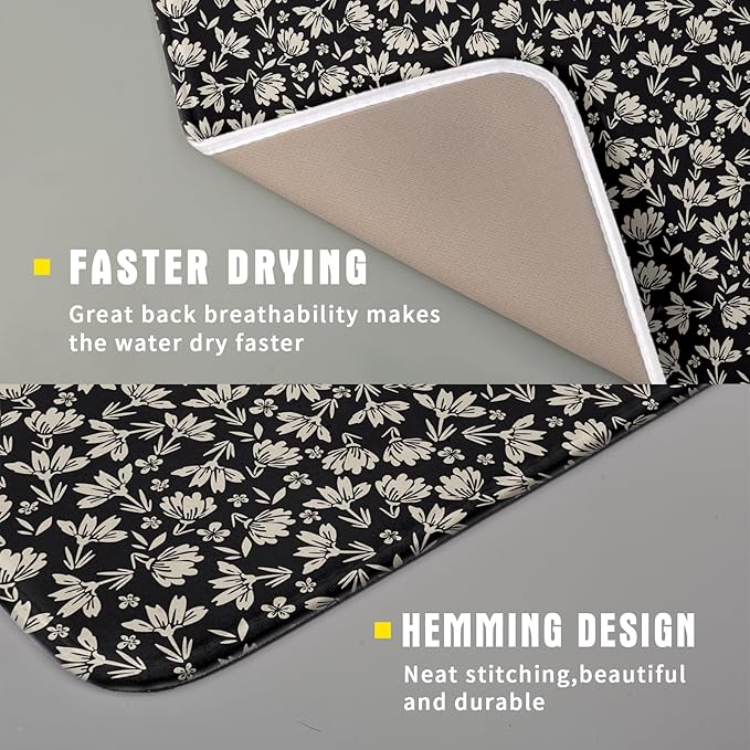 Floral Dish Drying Mat for Kitchen Counter 18x16 Inch Black Flower Drying Mat with Absorbent Reversible Microfiber Holiday Season Spring Dish Drainer Mats Rack Pad for Coffee Countertop Protector