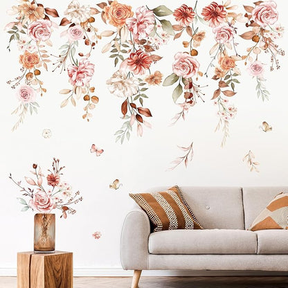 wondever Hanging Flower Vine Wall Stickers Boho Floral Leaves Peel and Stick Wall Art Decals for Living Room Girls Bedroom TV Wall