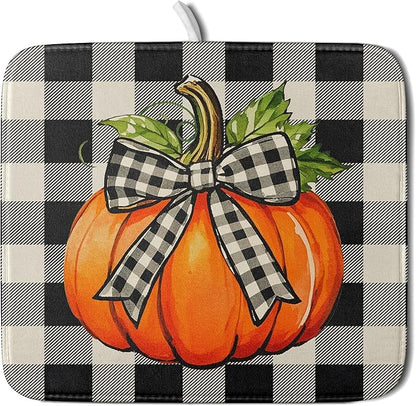 Fall Dish Drying Mat for Kitchen Counter 16x18 Autumn Pumpkin Plaid Theme Thanksgiving Day Absorbent Reversible Microfiber Drying Mats Kitchen Countertop Protector Dishes Drainer Pad