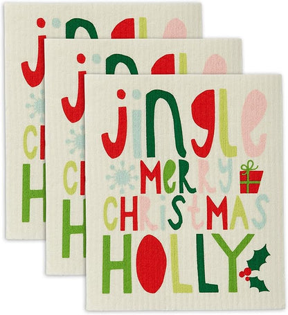 DII Swedish Dishcloths for Kitchen & Cleaning, Reusable, Machine Washable & Dishwasher Safe, Biodegradable, 7.75 x 6.75, Jingle, 3 Piece