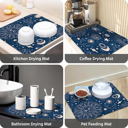 Dish Drying Mat for Kitchen Counter 16x18 Inch, Super Absorbent Dish Drainer Mat, Decorative Microfiber Dishes Drying Pad-Small(Navy Blue Moon)