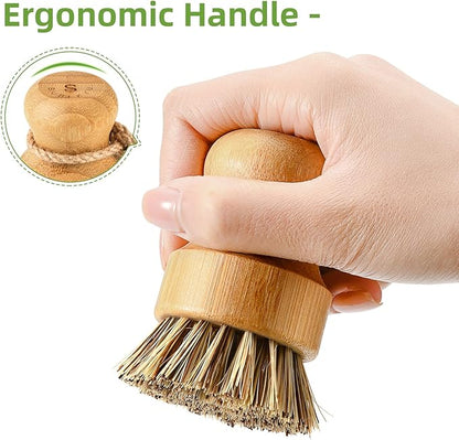 SUBEKYU Bamboo Dish Brush Set with Soap Holder, Wooden Dish Scrubber with Soap Dispenser, Natural Kitchen Scrub Brush, Washing Pot/Pans/Cast Iron, 2 Pack, Sisal + Coconut Palm Bristles