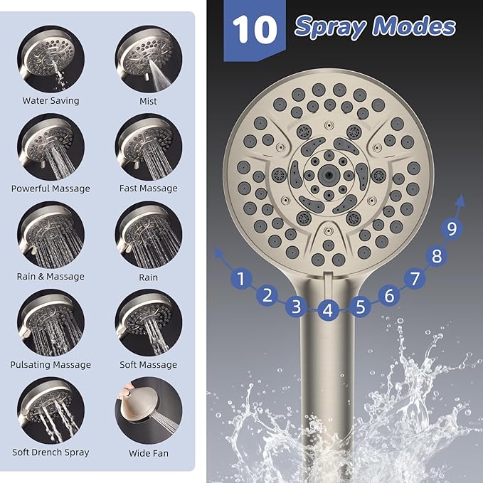Hibbent cUPC Certified Upgraded 13'' Shower Head Combo, High Pressure 5 Spray Rainfall Showerhead with 10 Sprays Handheld, All Metal 3-way Diverter Shower Arm, 71'' Hose and Holder, Brushed Nickel