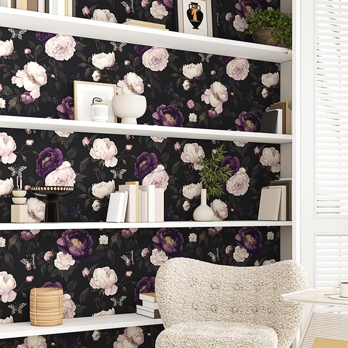 Dark Purple Floral Peelable Wallpaper, Vintage Black Botanical Flower Self Adhesive Removable Wall Paper for Bedroom Cabinet Drawer, Vinyl Retro Contact Paper Black Dark Purple 17.5In x 118In