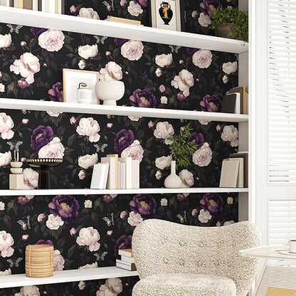 Dark Purple Floral Peelable Wallpaper, Vintage Black Botanical Flower Self Adhesive Removable Wall Paper for Bedroom Cabinet Drawer, Vinyl Retro Contact Paper Black Dark Purple 17.5In x 118In