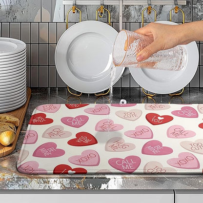 Valentine Love Heart Dish Drying Mat for Kitchen Counter 18x24 Inch Valentines Day Dish Mats Absorbent Microfiber Dish Draining Mat Reversible Dish Drying Rack Mat with Hanging Loop