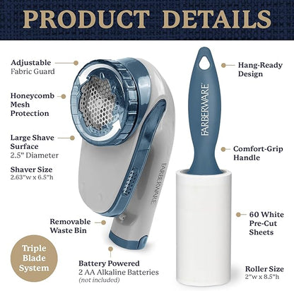 Farberware Fabric Shaver & Lint Remover Set–Battery Operated Sweater Shaver with Triple Blades and Extra Sticky Roller for Pet Hair, Fuzz & Pilling on Clothes, Upholstery & Bedding (Gray/Blue, Large)