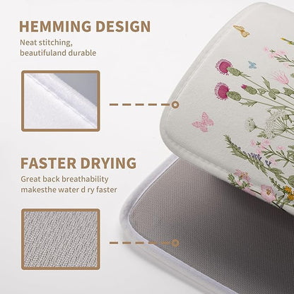 Wildflower Floral Dish Drying Mat for Kitchen Counter Vintage Rustic Flower Drying Mats Spring Summer Herb Plant Absorbent Microfiber Dishes Pad Washable Dish Draining Mat Extra Large 18"x24"